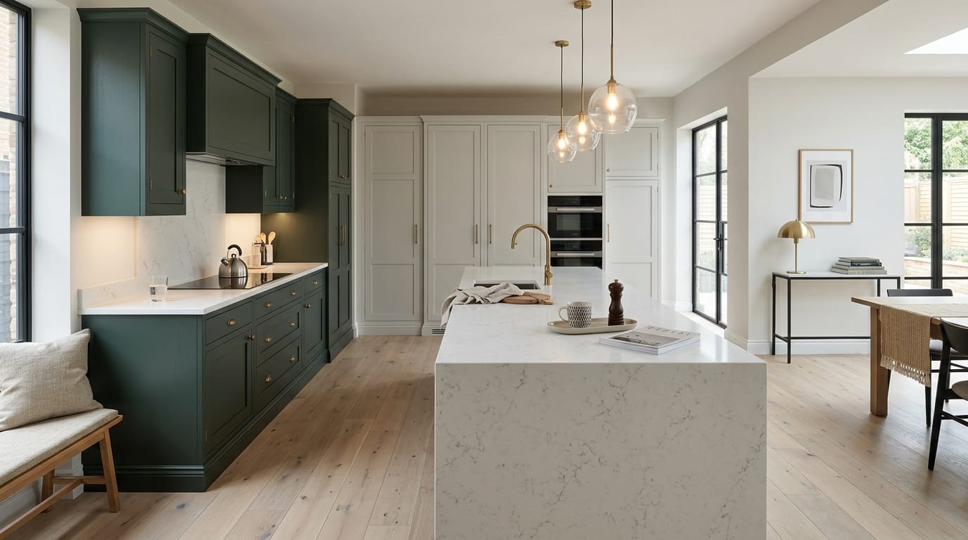 Wide view of a newly completed bespoke Mastercraft kitchen, timber veneer slab-door cabinetry in porcelain tones