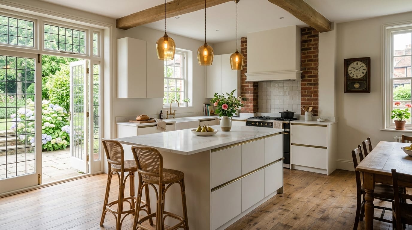 Modern Mastercraft kitchen with white units, wooden floor, and gold pendant lights