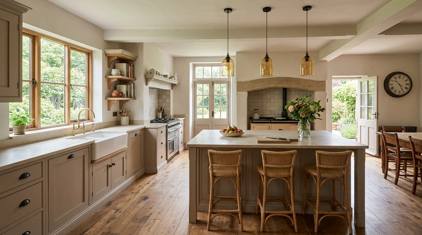 Classic Mastercraft kitchen with shaker units, wooden floor, and three rattan bar stools