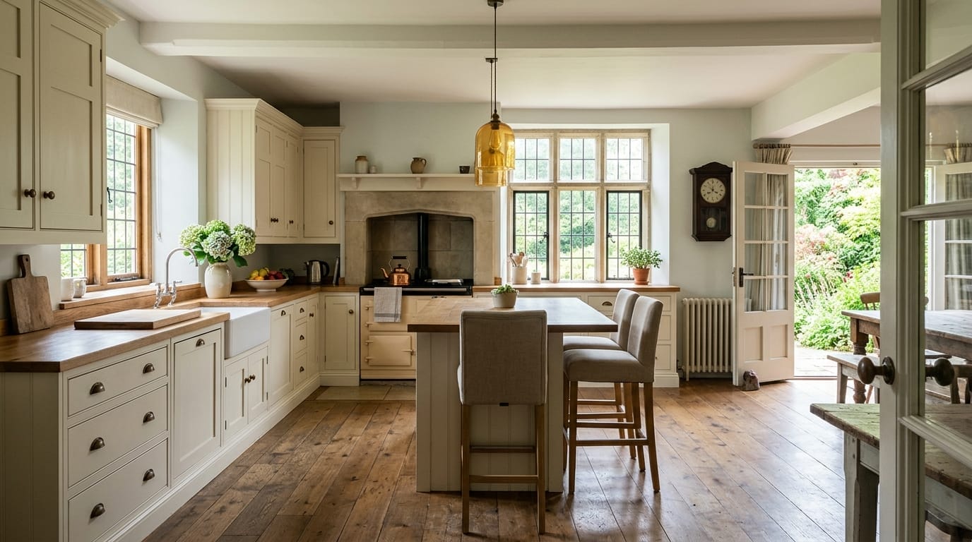 Wide view of a bespoke Mastercraft kitchen in a Cranbrook home, painted in-frame cabinetry in painted cream tones