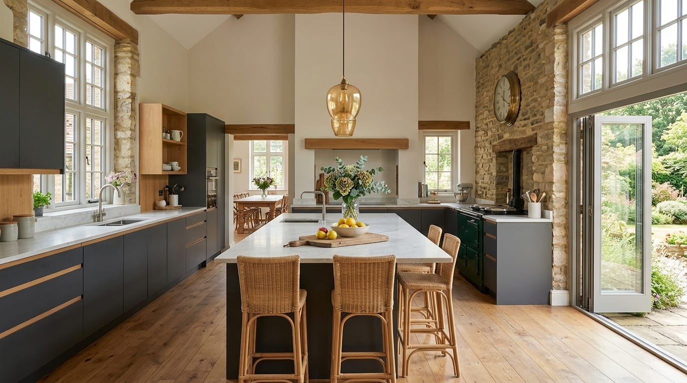 modern kitchen with dark cabinets, stone walls, large island and rattan bar stools
