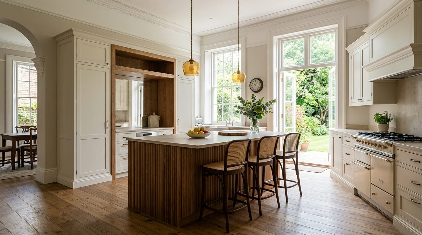 Wide view of a bespoke Mastercraft kitchen in a Maidenhead home, timber veneer slab-door cabinetry in painted cream tones