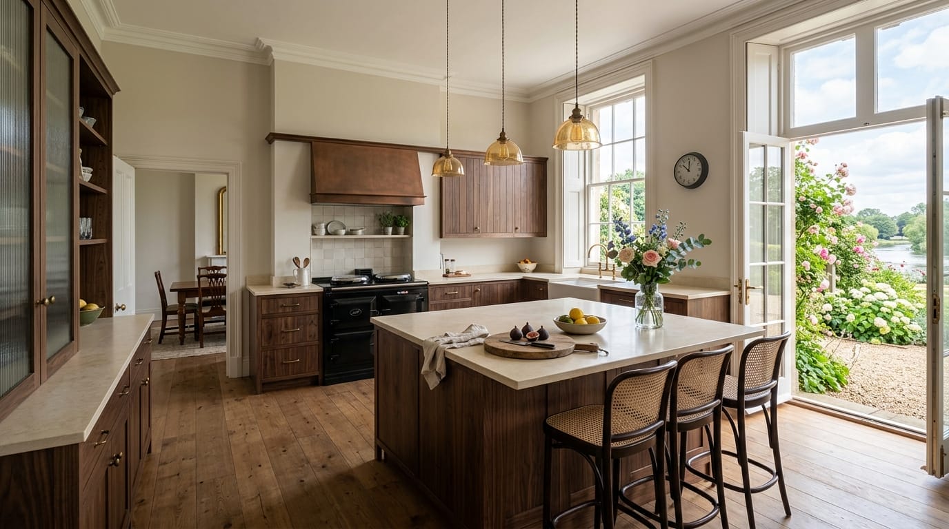 wooden kitchen with marble worktops, pendant lights and open doors to garden