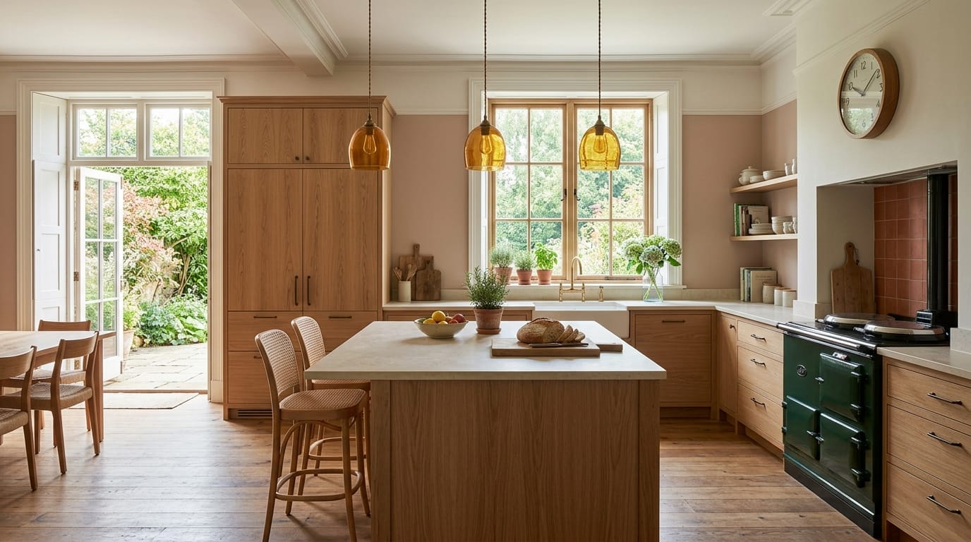 Light wood Mastercraft kitchen with amber pendant lights and green range cooker