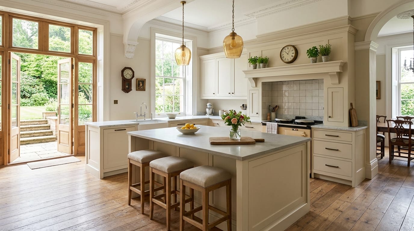 cream kitchen with large island, wooden stools and glass pendant lights