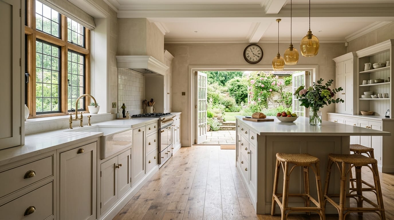 Wide view of a bespoke Mastercraft kitchen in a Petersfield home, painted in-frame cabinetry in warm off white tones