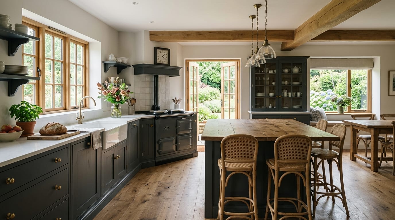 wooden beams, dark grey units, farmhouse sink, large rustic island, garden view