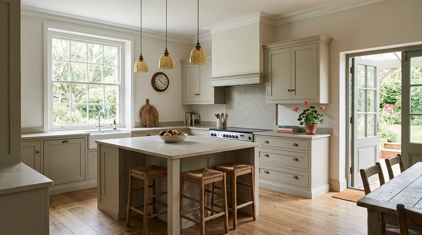 cream kitchen with shaker units, wooden stools and large sash window