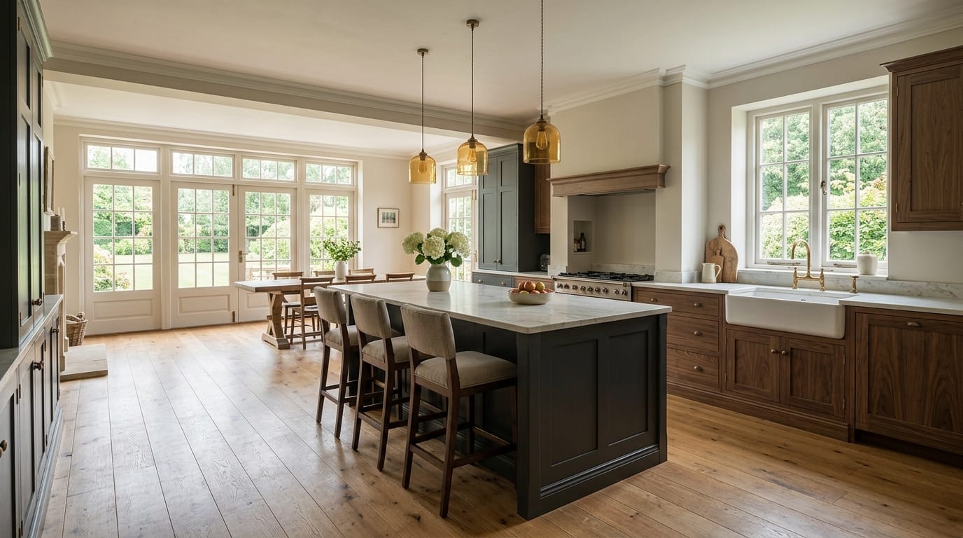 Classic kitchen with dark island, wooden flooring, gold pendant lights and large windows
