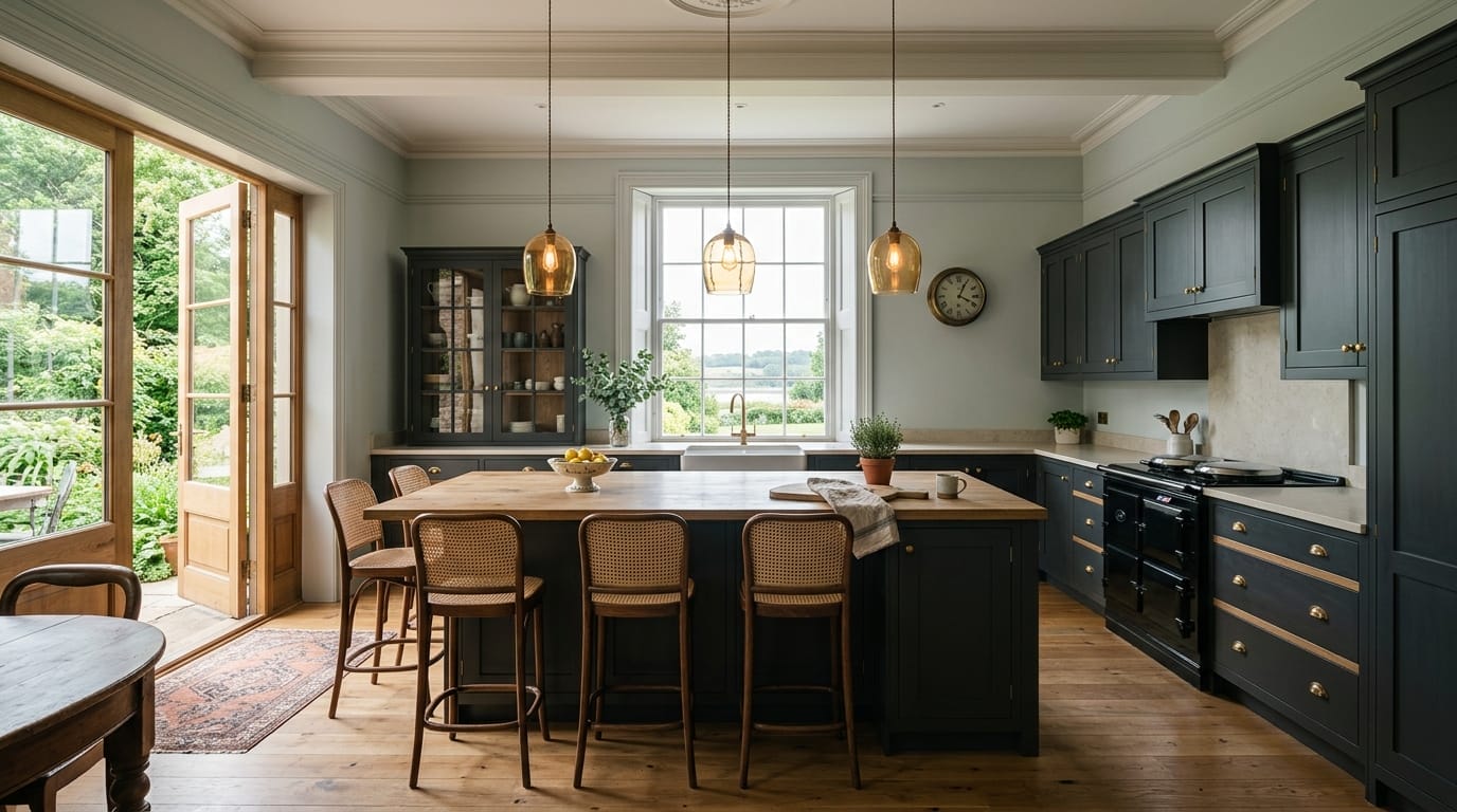 dark blue kitchen with wooden island, rattan chairs and pendant lighting