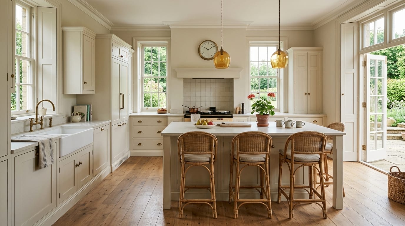 Wide view of a bespoke Mastercraft kitchen in a Bury St Edmunds home, painted lay-on shaker cabinetry in warm off white tones