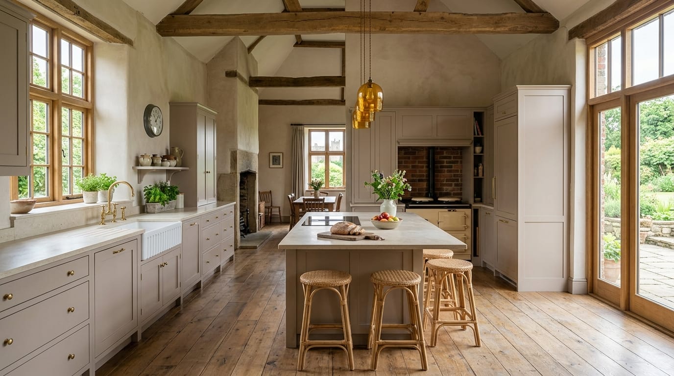 Wide view of a bespoke Mastercraft kitchen in a Framlingham home, contemporary painted lay-on cabinetry in mushroom taupe tones