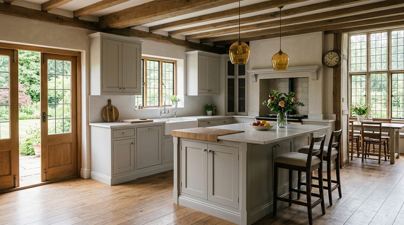 light grey kitchen with wood beams, large island, and amber pendant lights
