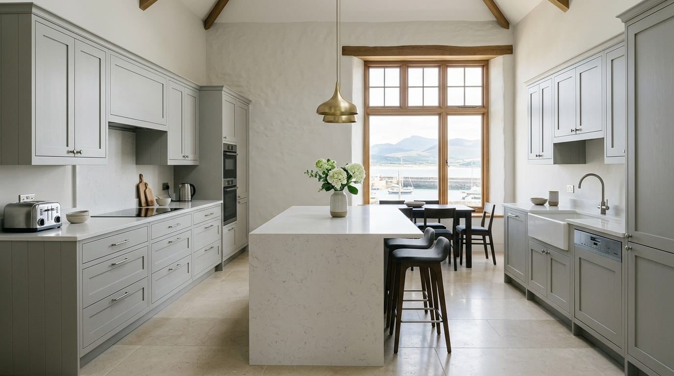 Wide view of a newly completed bespoke Mastercraft kitchen in a Pwllheli home, modern shaker cabinetry in stone grey tones