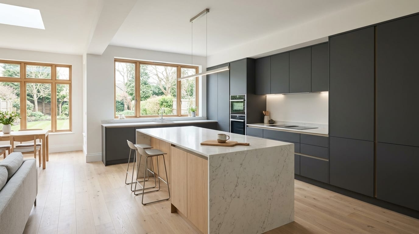 matte dark grey kitchen units with marble island and pale wood flooring
