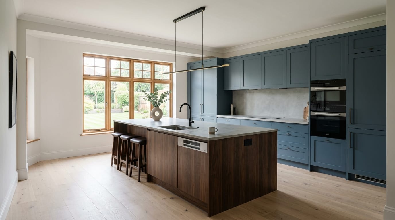Modern Mastercraft kitchen with blue units, wood island, and large garden window