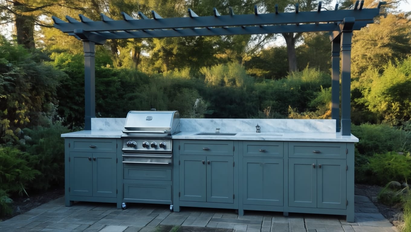 Outdoor kitchen layout with pergola overhead, integrated sink and worktop space, calm afternoon light