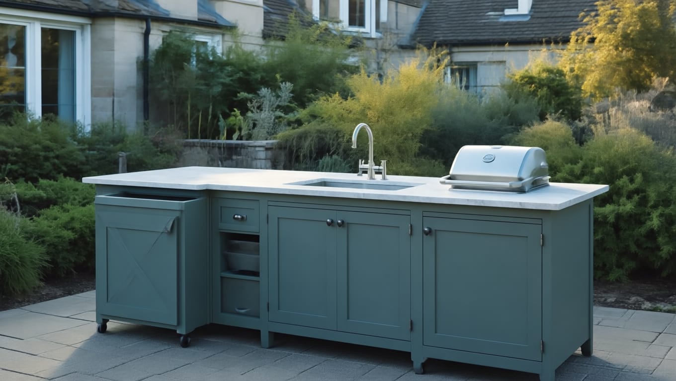 Well-proportioned outdoor kitchen with covered storage, neat cabinetry detailing and mature garden planting