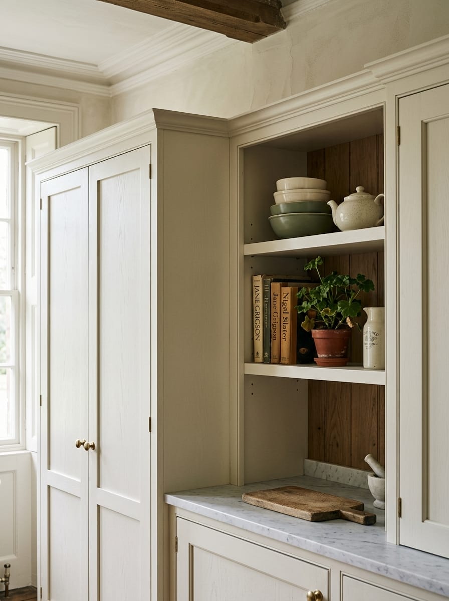 Tall view of full-height bespoke kitchen cabinetry in a Cheshire home, timber veneer slab-door cabinetry