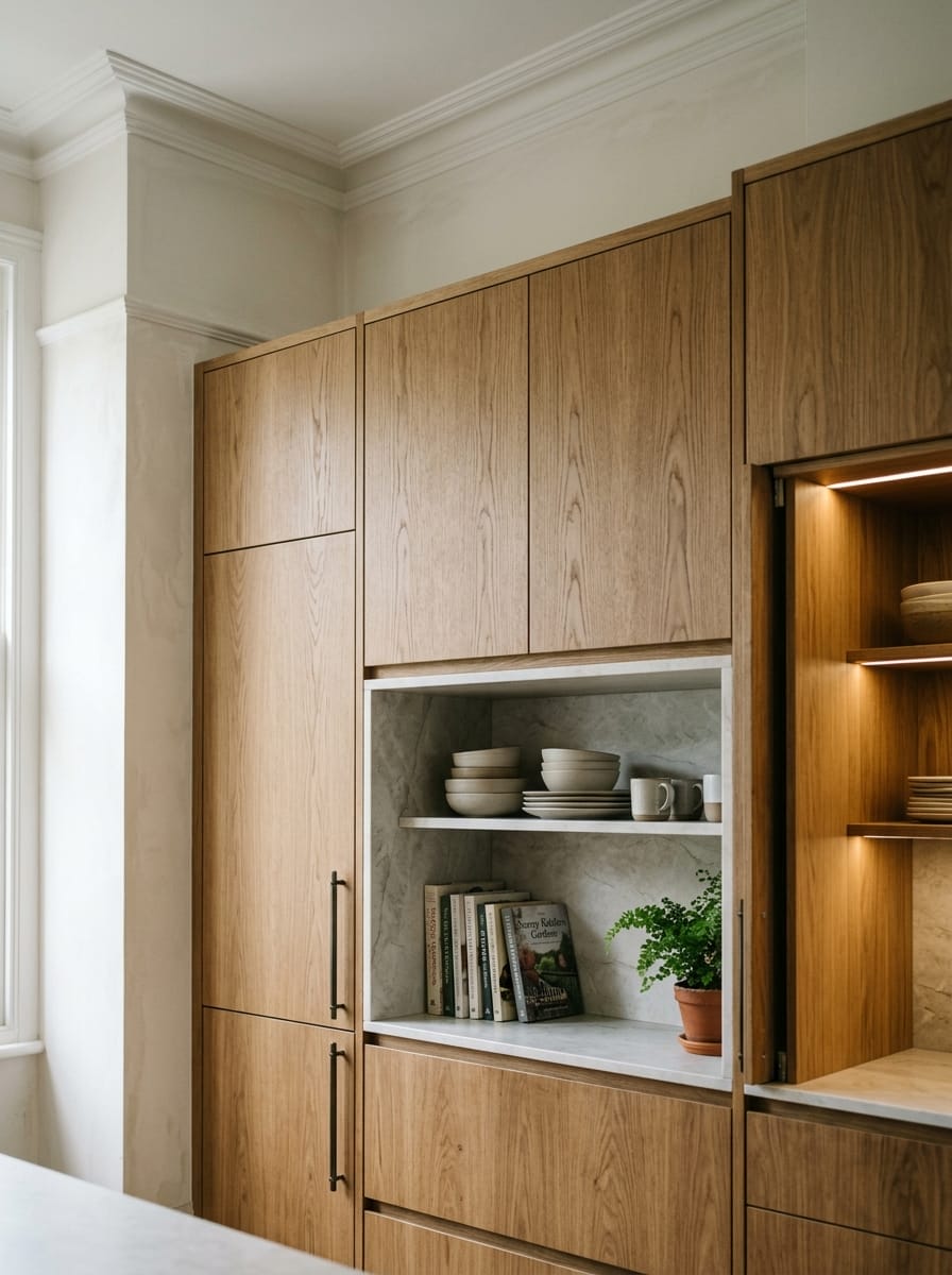 Light wood kitchen units with open marble shelf displaying bowls and books