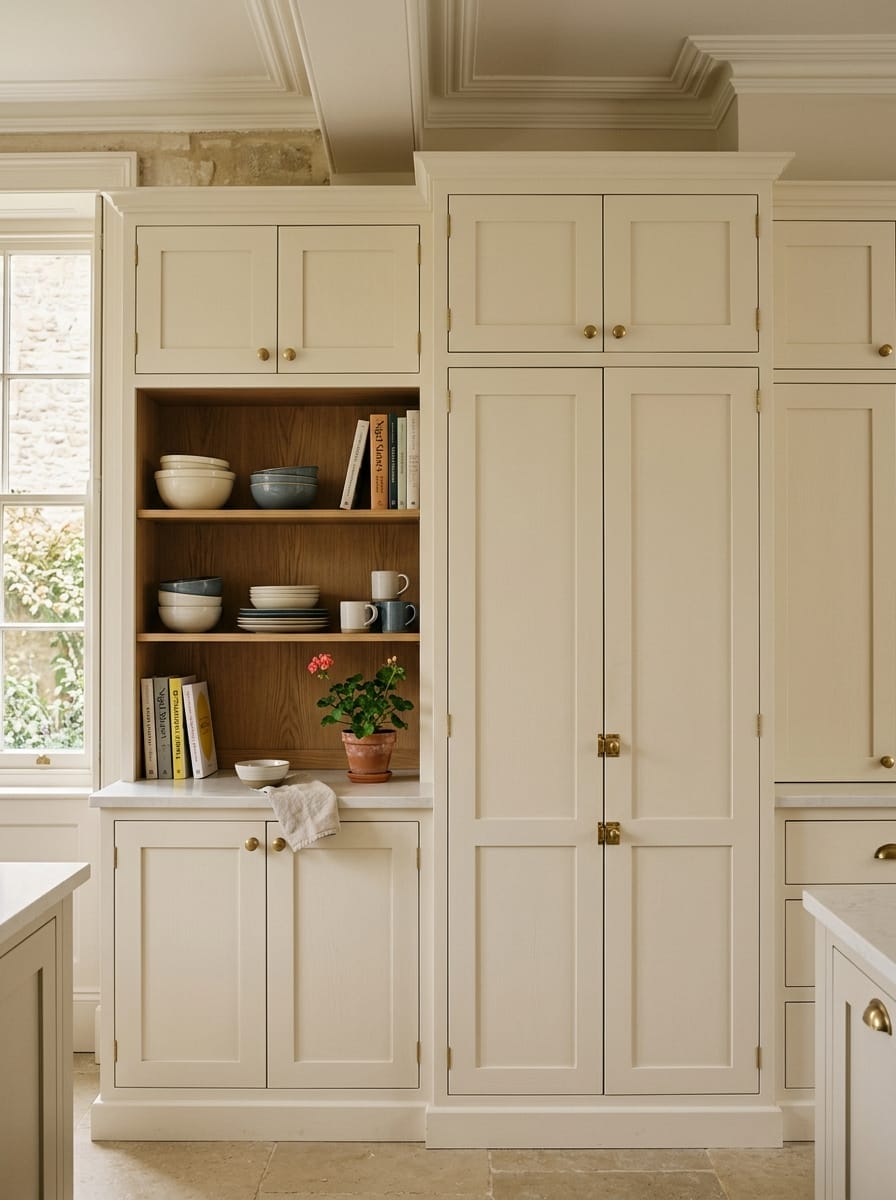 cream shaker cupboards with open wooden shelving displaying bowls and books