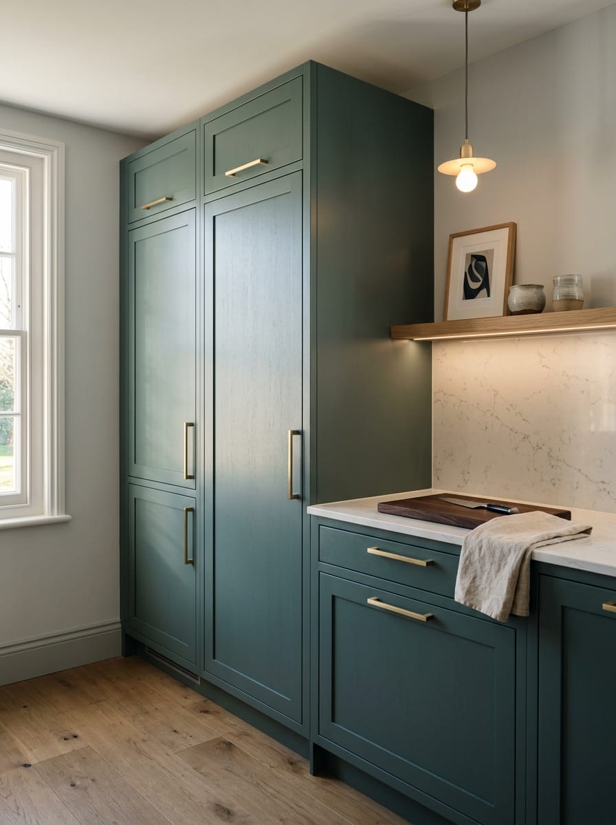 Tall view of full-height bespoke kitchen cabinetry, modern shaker cabinetry