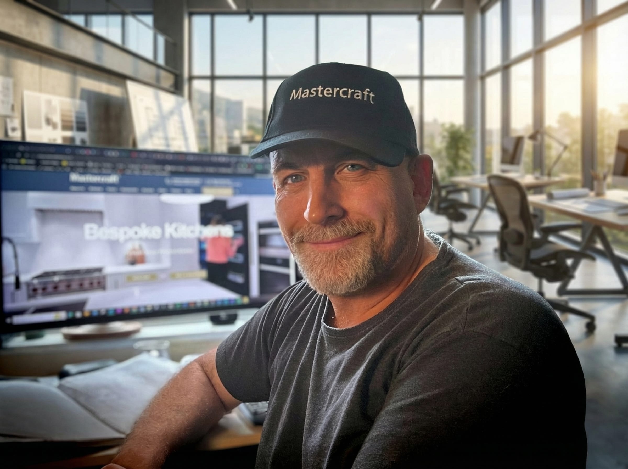 Steven Croston, lead kitchen designer at Mastercraft Kitchens, seated at his design workspace reviewing bespoke kitchen plans on screen.