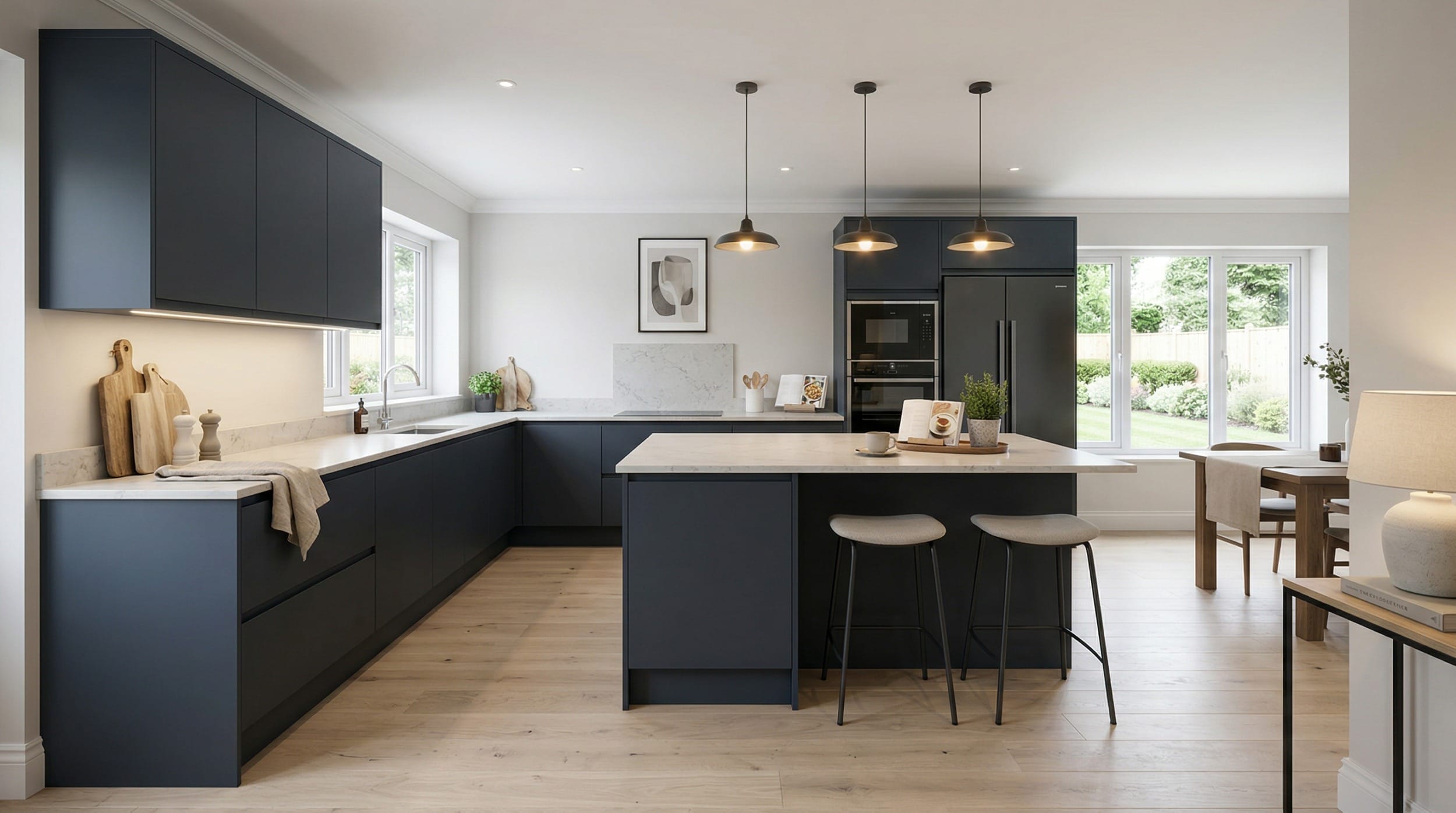 Wide view of a newly completed bespoke Mastercraft kitchen, timber veneer slab-door cabinetry in cardamom tones