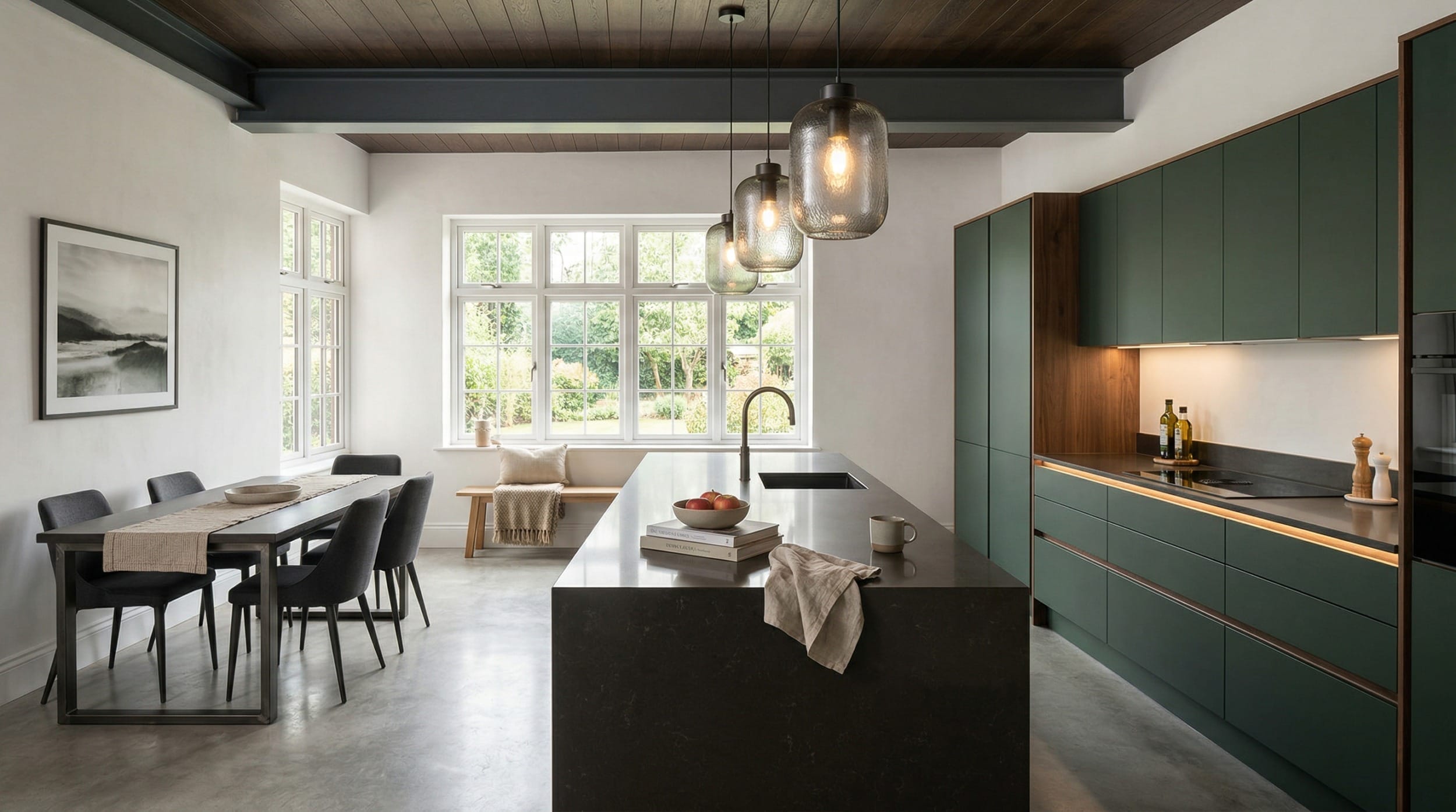 Wide view of a newly completed bespoke Mastercraft kitchen, contemporary painted lay-on cabinetry in shell tones