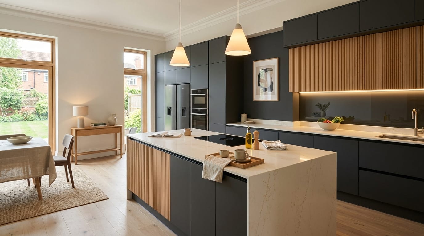 Wide view of a newly completed bespoke Mastercraft kitchen, modern shaker cabinetry in viridian tones
