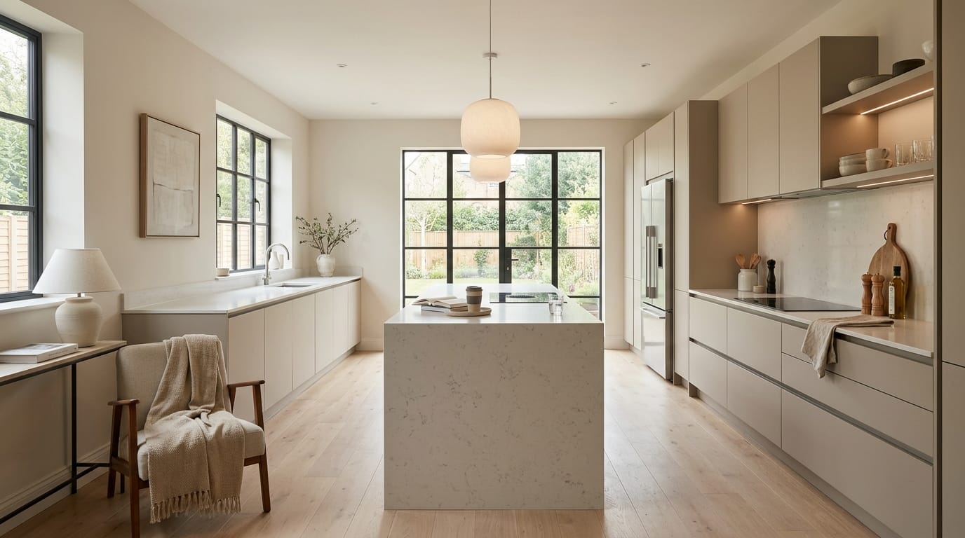 Wide view of a newly completed bespoke Mastercraft kitchen, contemporary in-frame cabinetry in light grey tones