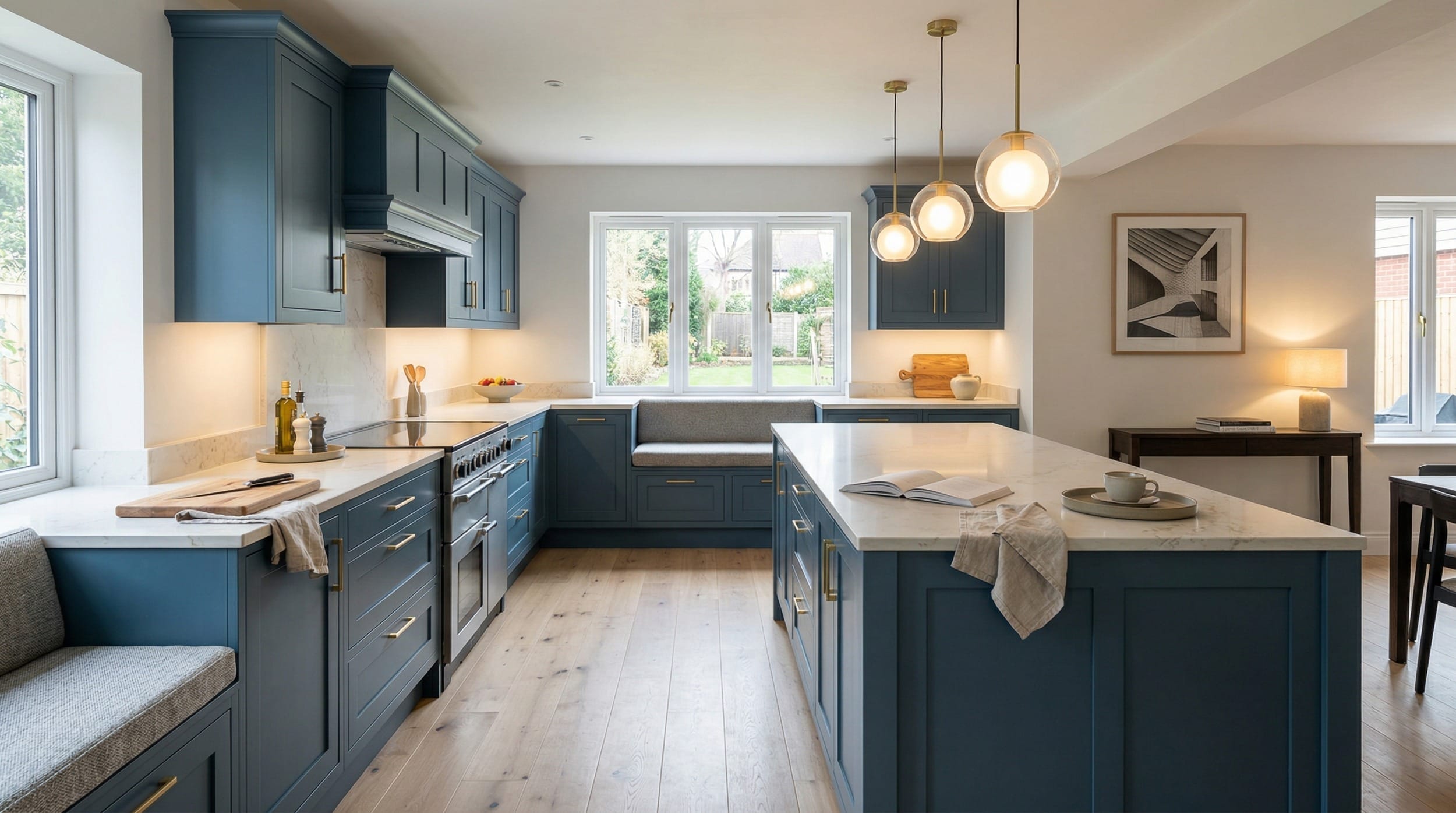 Wide view of a newly completed bespoke Mastercraft kitchen, contemporary painted lay-on cabinetry in graphite tones