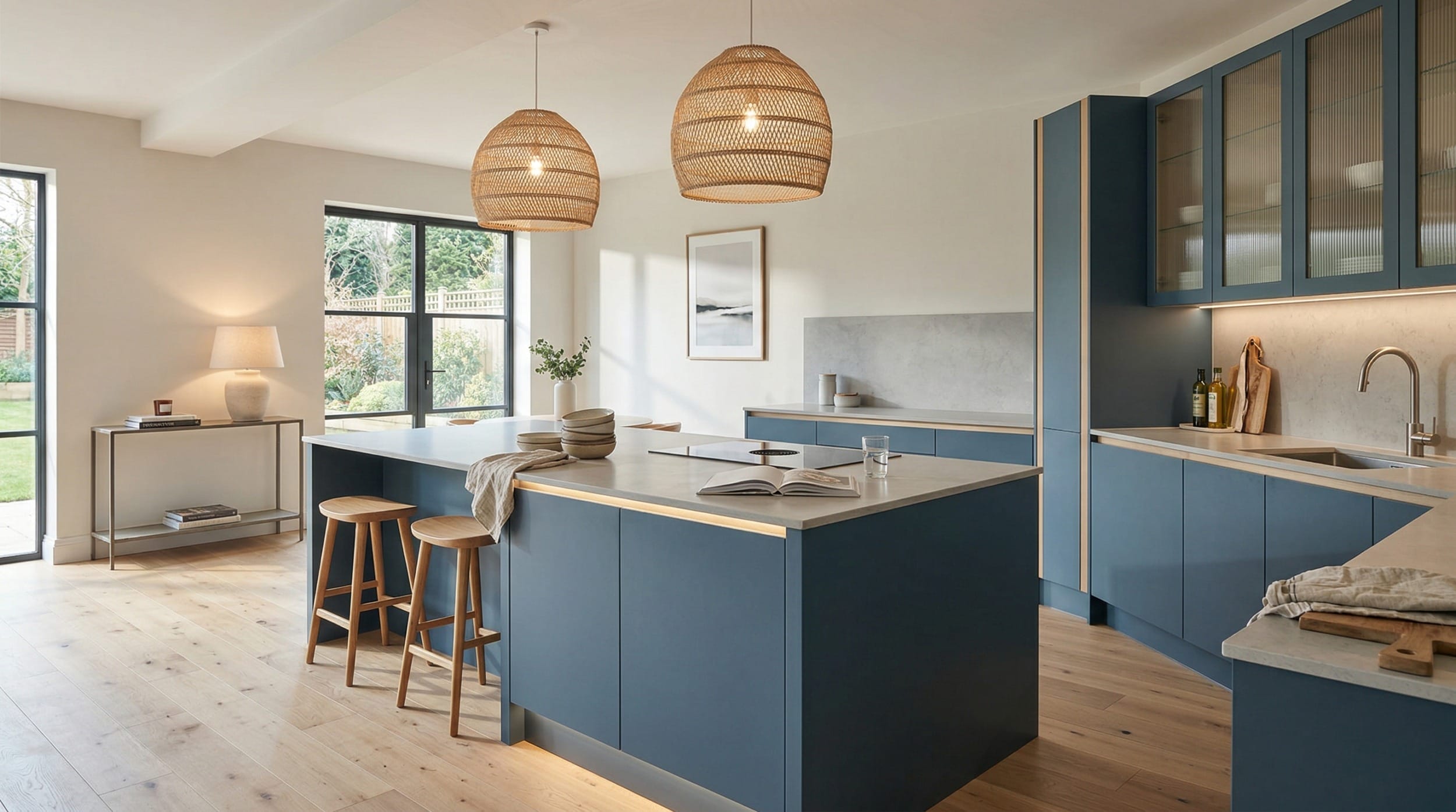 Wide view of a newly completed bespoke Mastercraft kitchen, modern shaker cabinetry in taupe grey tones