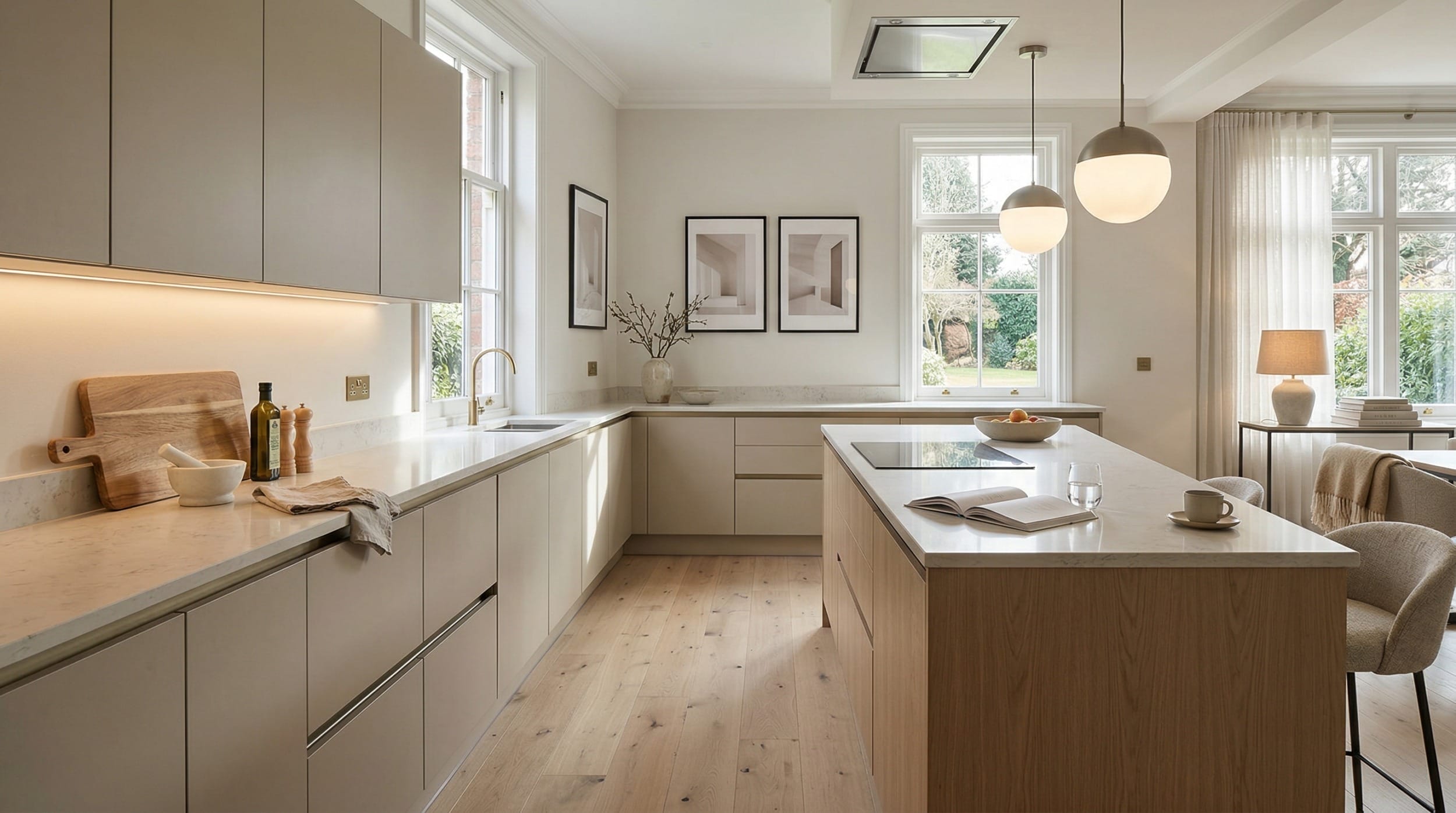 Wide view of a newly completed bespoke Mastercraft kitchen, contemporary painted lay-on cabinetry in monument grey tones