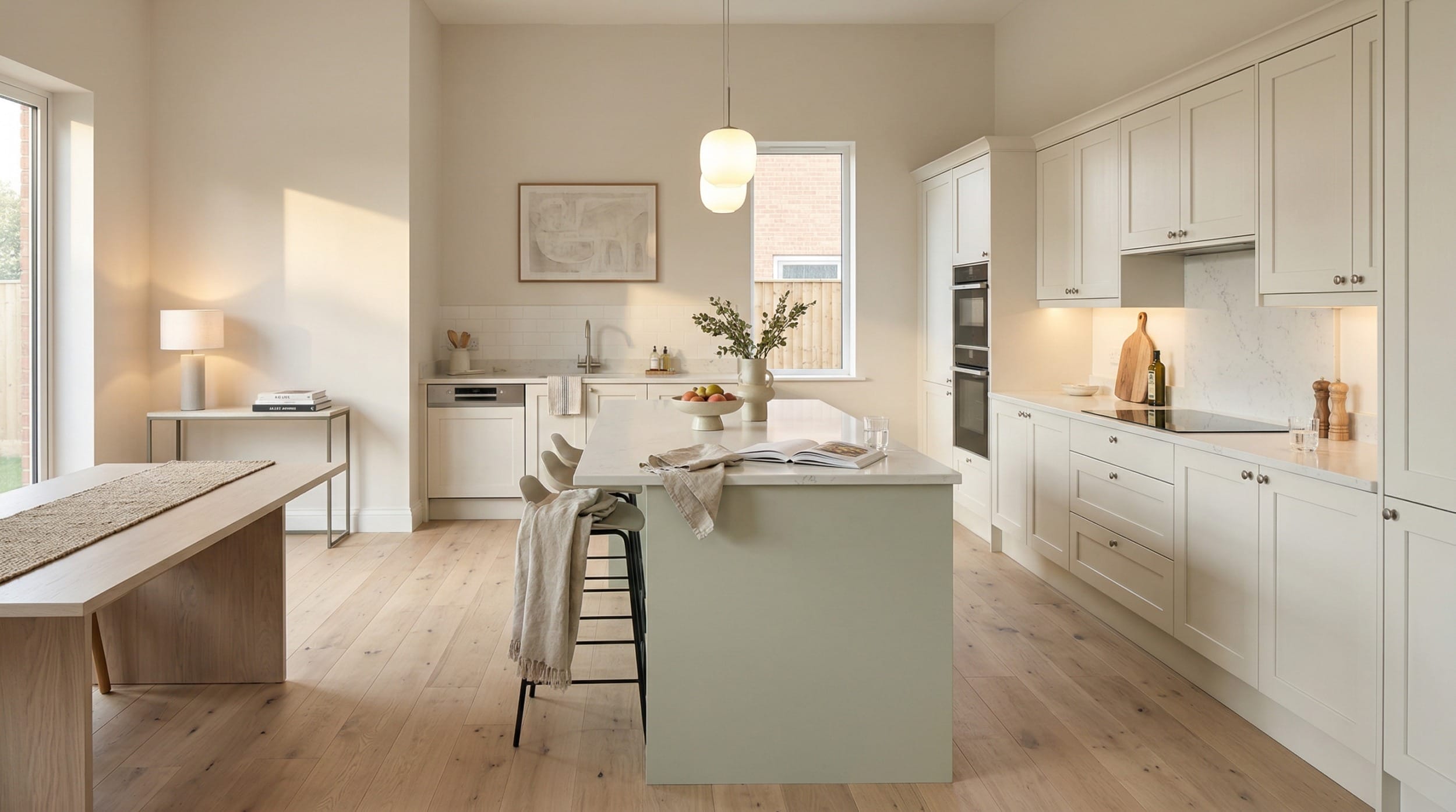 Wide view of a newly completed bespoke Mastercraft kitchen, matt painted handleless slab cabinetry in mussel tones