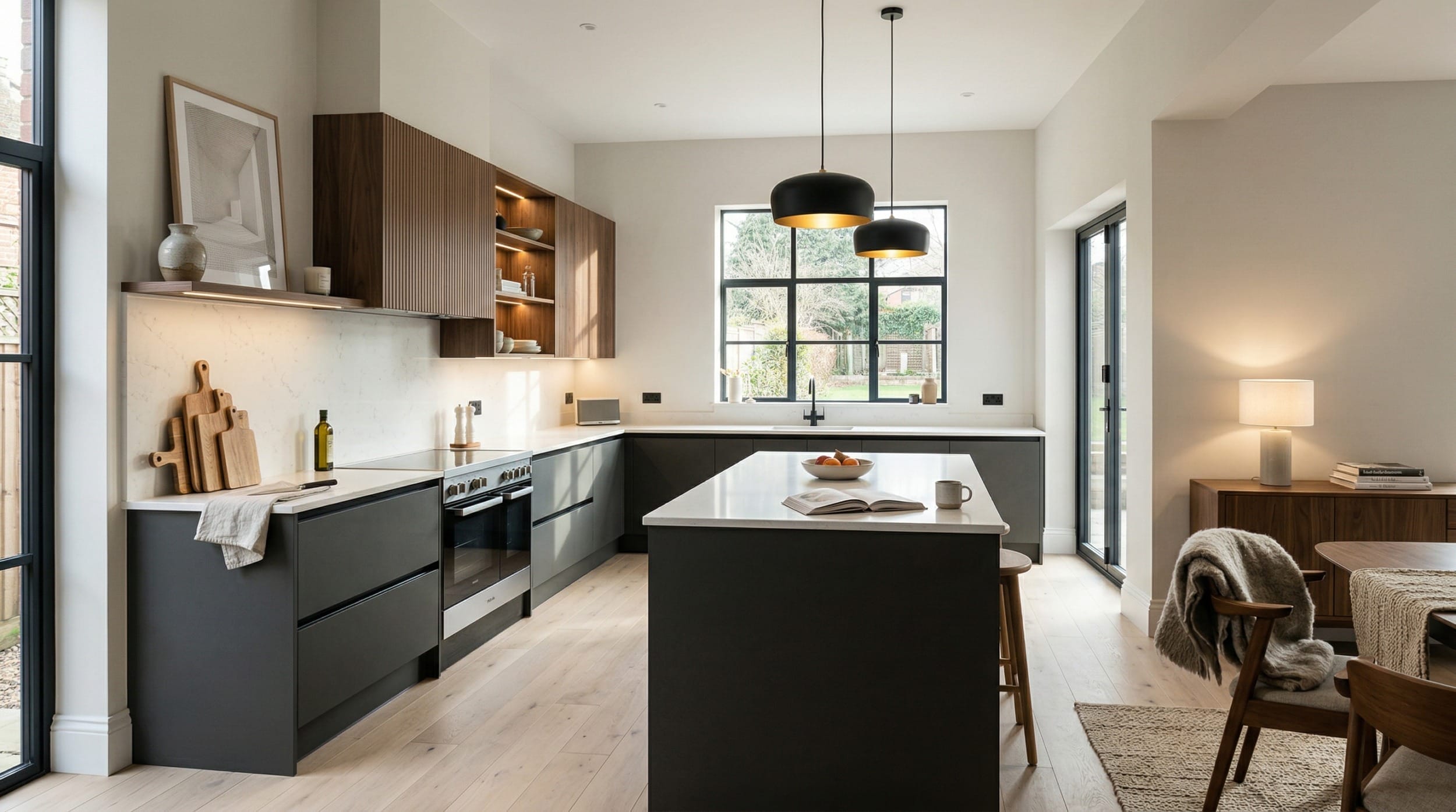 Wide view of a newly completed bespoke Mastercraft kitchen, modern shaker cabinetry in marine tones
