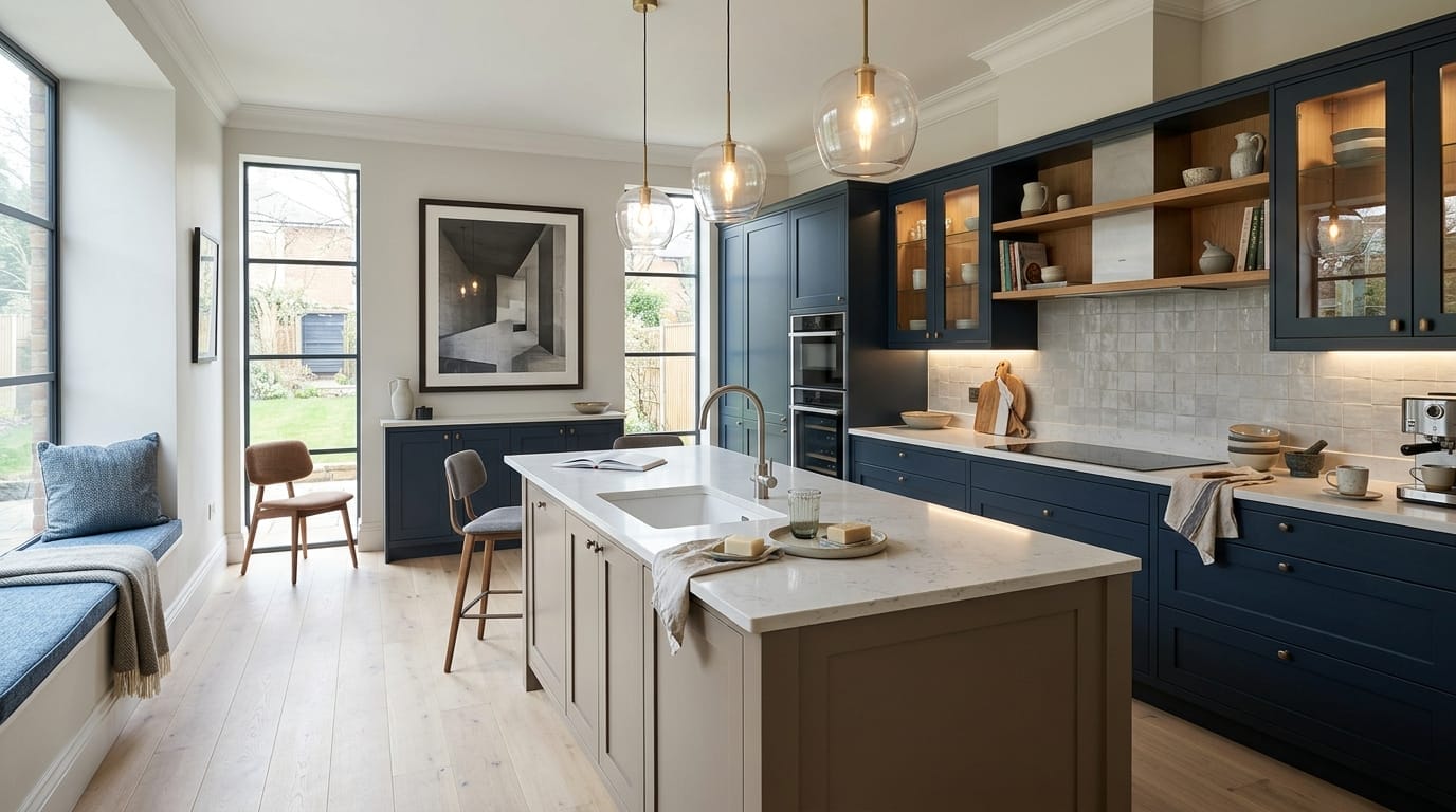 Wide view of a newly completed bespoke Mastercraft kitchen, timber veneer slab-door cabinetry in cardamom tones