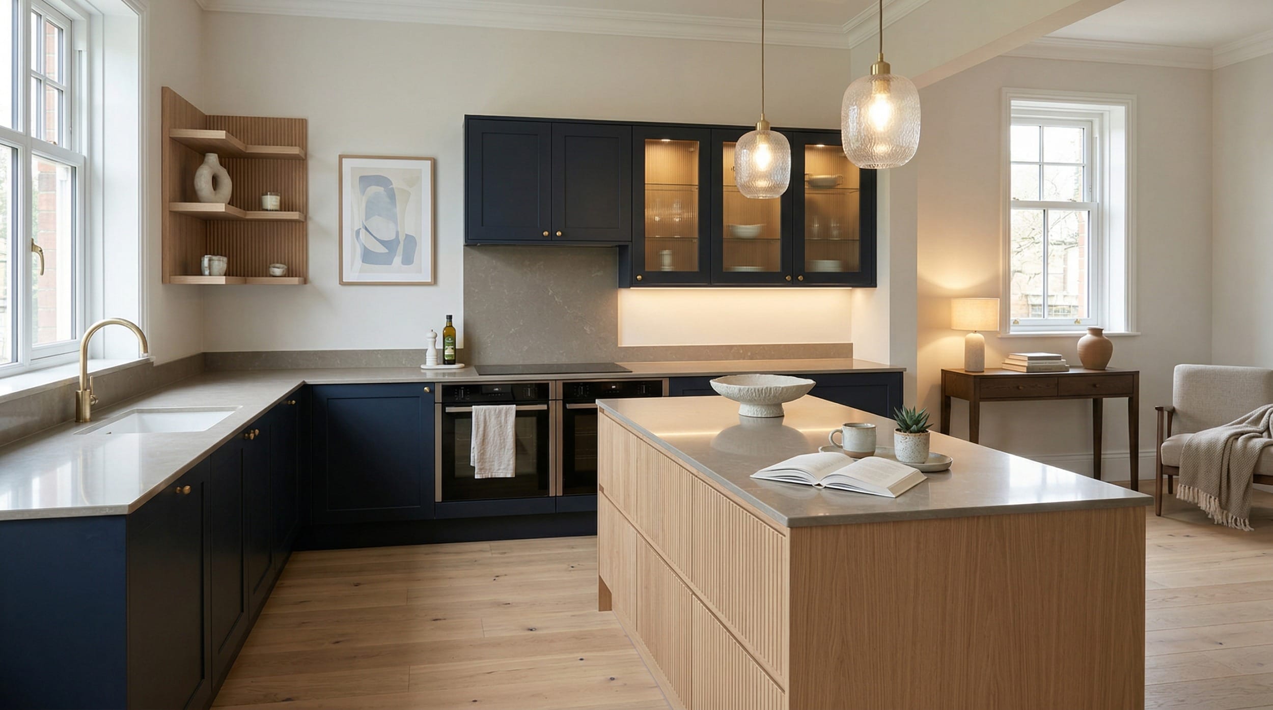 Wide view of a newly completed bespoke Mastercraft kitchen, matt painted handleless slab cabinetry in heritage green tones