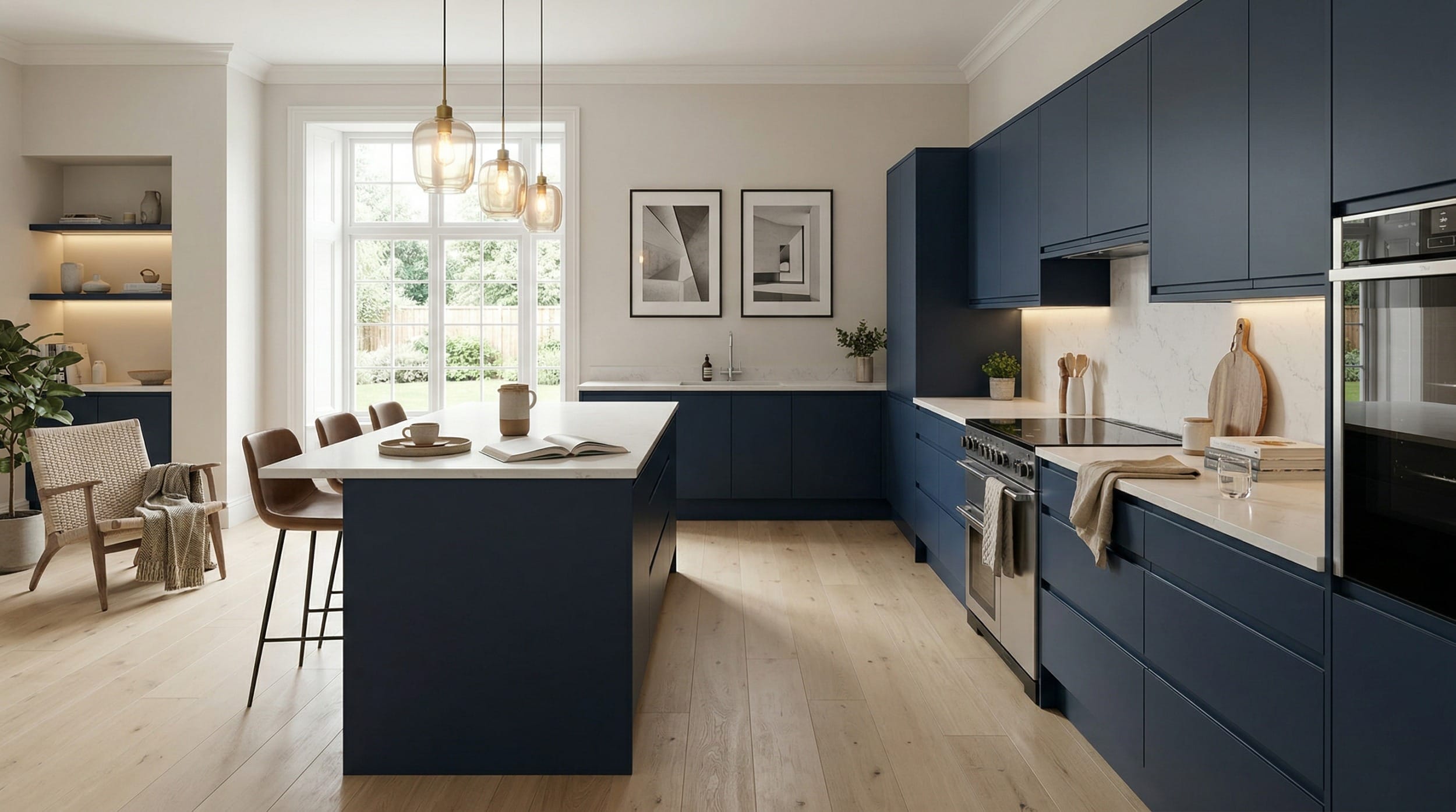 Wide view of a newly completed bespoke Mastercraft kitchen, contemporary painted lay-on cabinetry in mussel tones