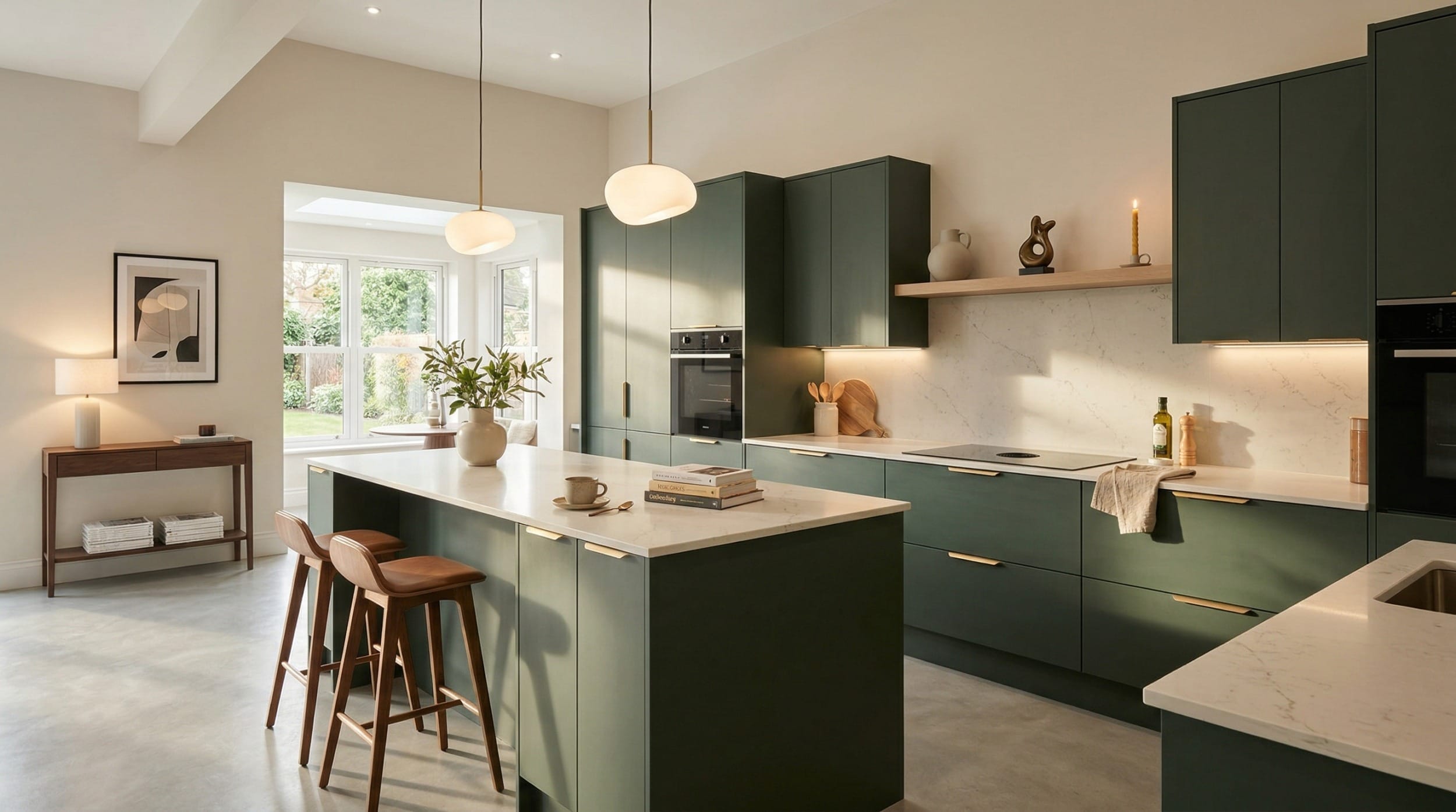 Wide view of a newly completed bespoke Mastercraft kitchen, modern shaker cabinetry in reed green tones