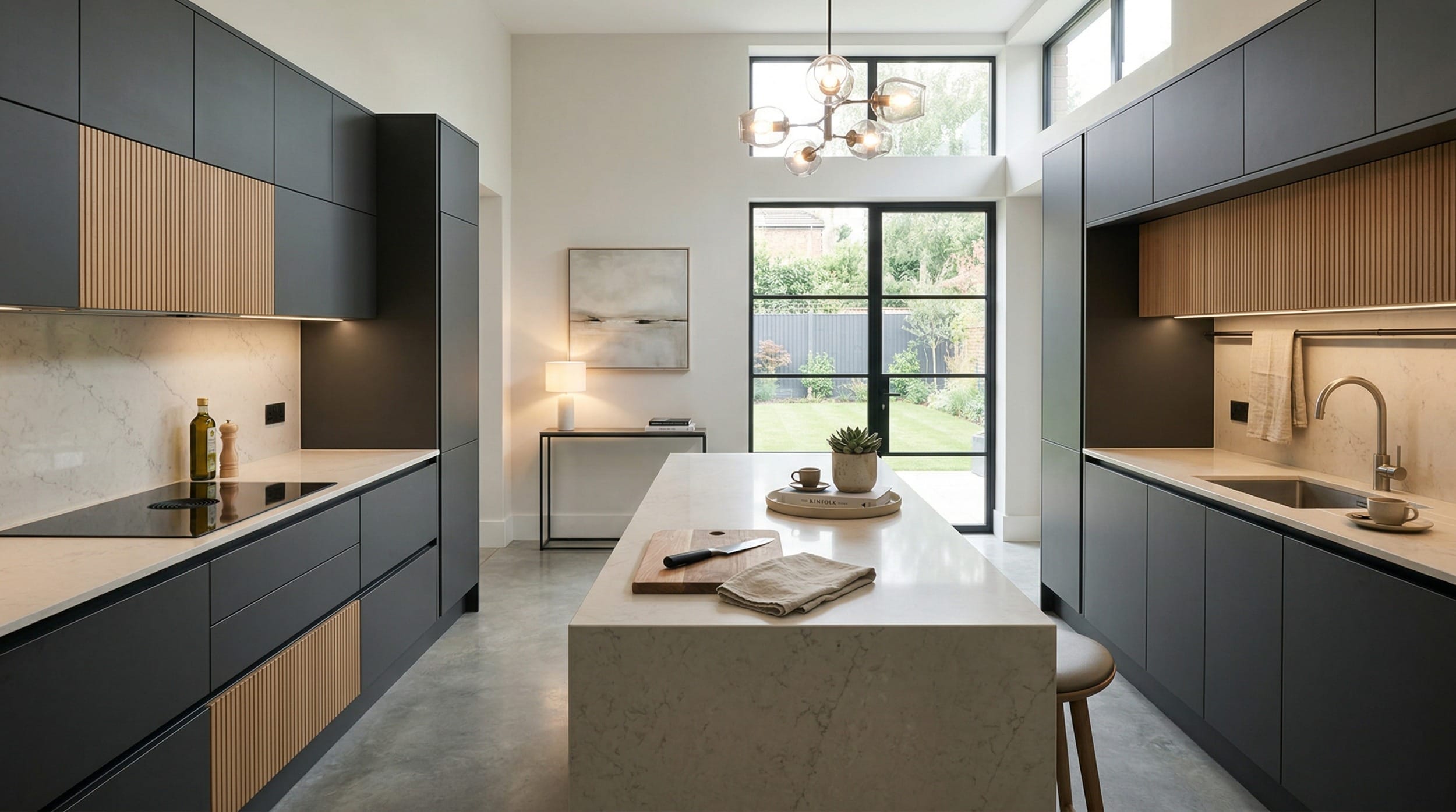Wide view of a newly completed bespoke Mastercraft kitchen, contemporary painted lay-on cabinetry in taupe grey tones