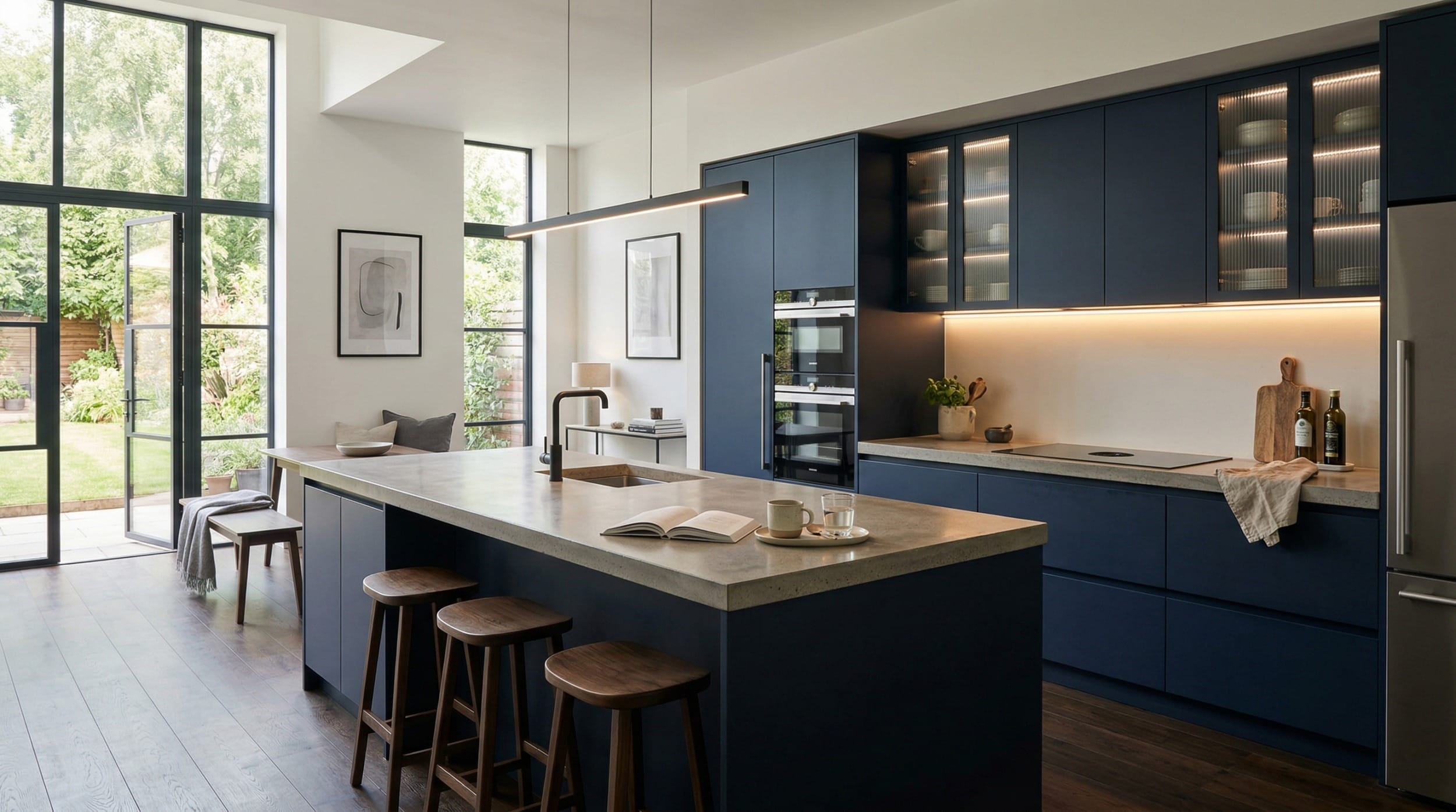 Wide view of a newly completed bespoke Mastercraft kitchen, matt painted handleless slab cabinetry in pantry blue tones