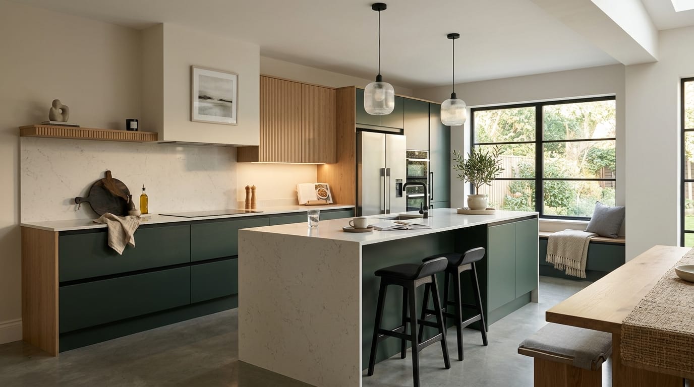 Wide view of a newly completed bespoke Mastercraft kitchen, modern shaker cabinetry in slate blue tones