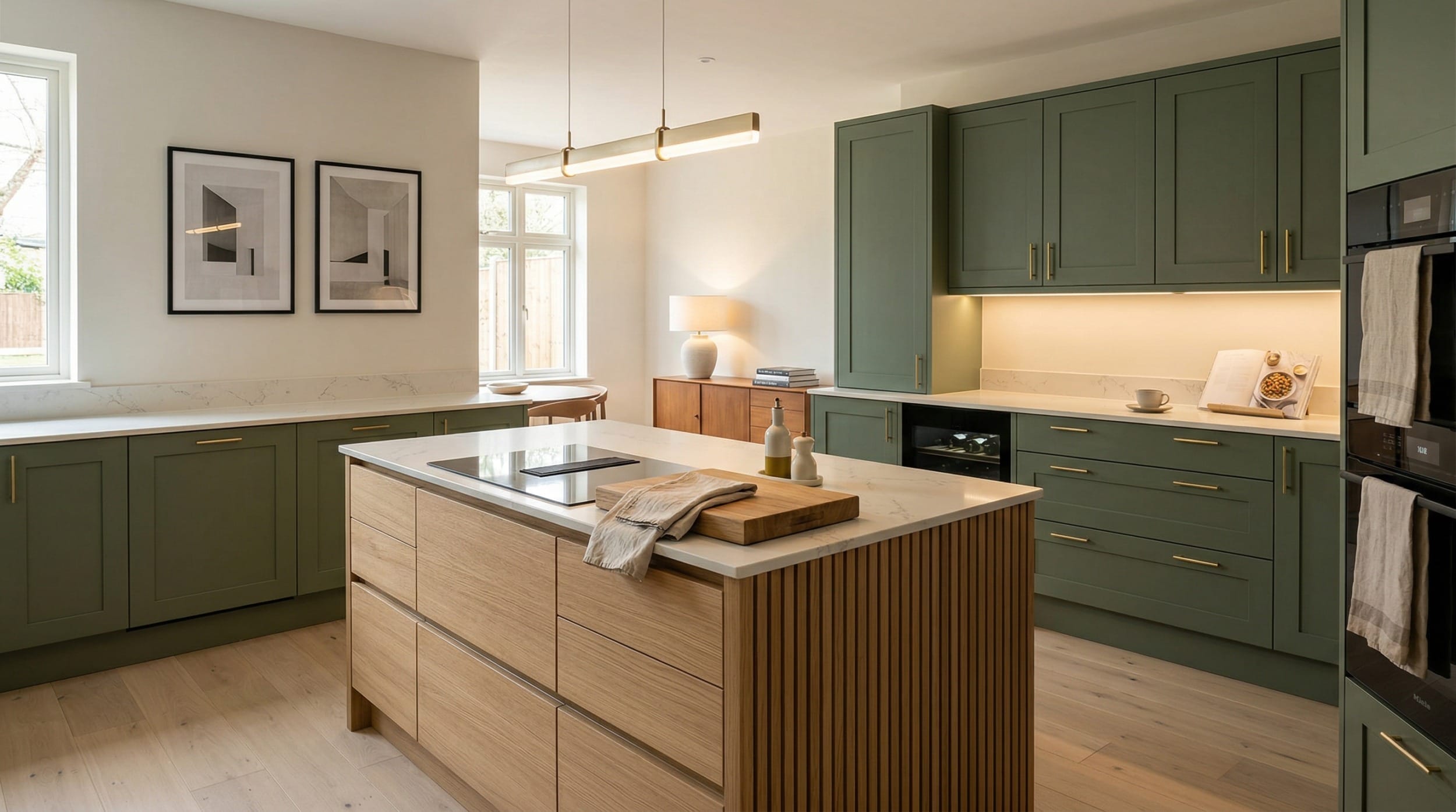 Wide view of a newly completed bespoke Mastercraft kitchen, contemporary in-frame cabinetry in ivory tones