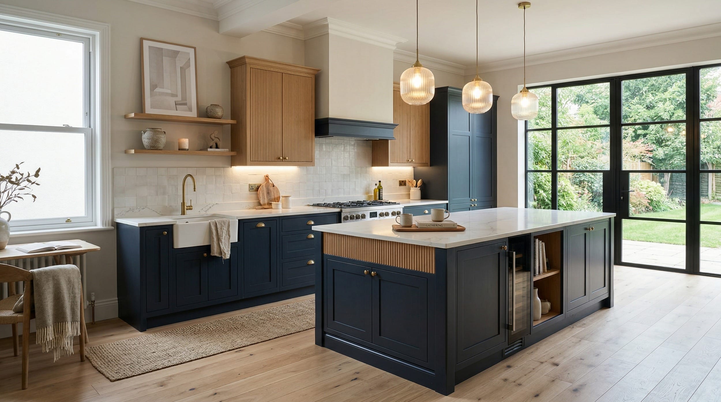 Wide view of a newly completed bespoke Mastercraft kitchen, matt painted handleless slab cabinetry in cannon black tones
