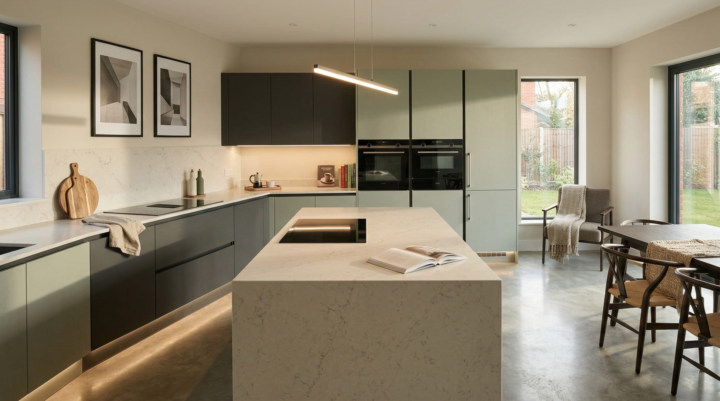 Wide view of a newly completed bespoke Mastercraft kitchen, modern shaker cabinetry in graphite tones