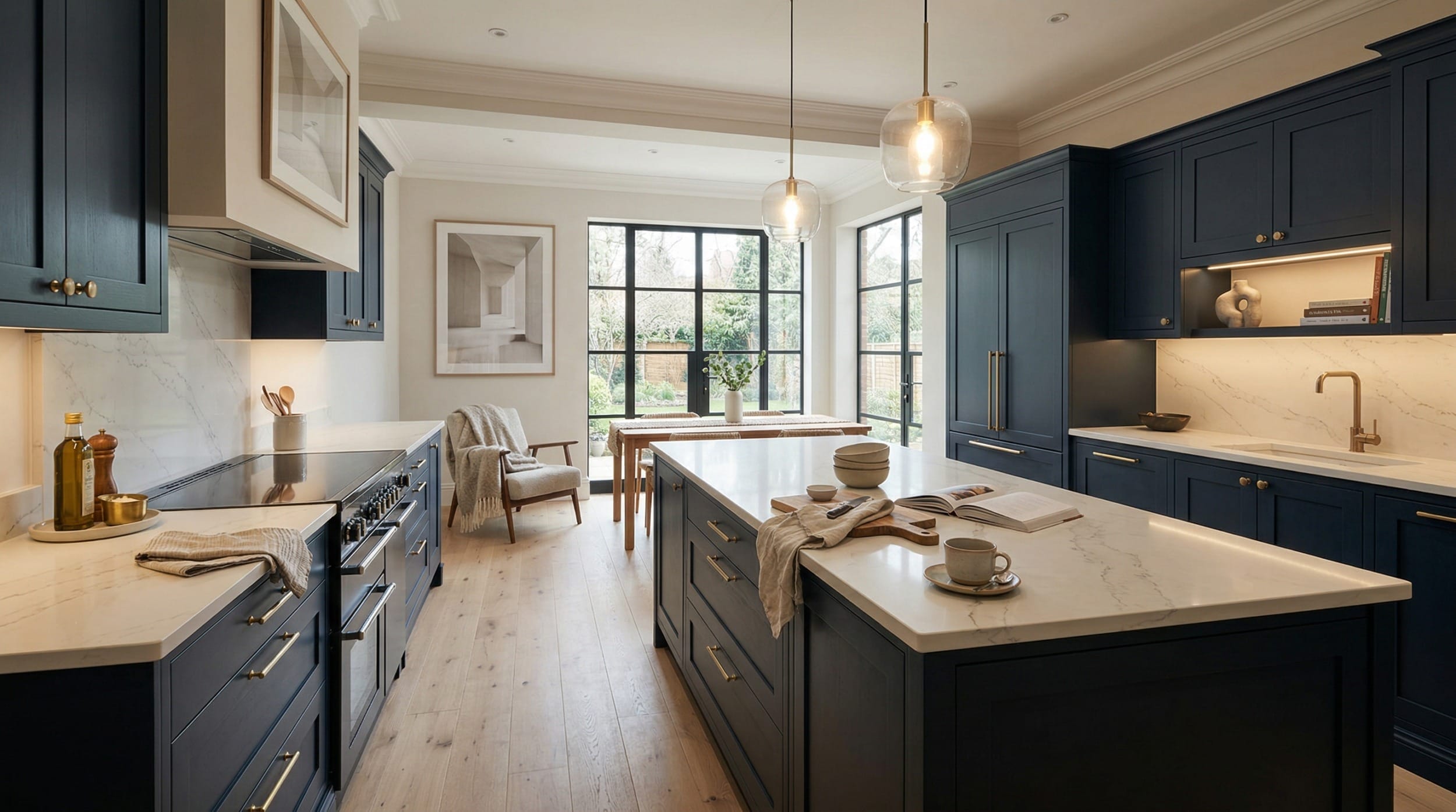 Wide view of a newly completed bespoke Mastercraft kitchen, matt painted handleless slab cabinetry in indigo tones