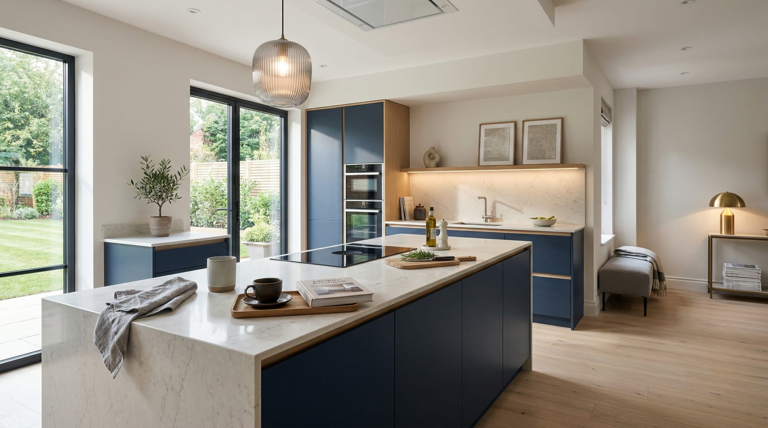 Wide view of a newly completed bespoke Mastercraft kitchen, modern shaker cabinetry in deep forest tones