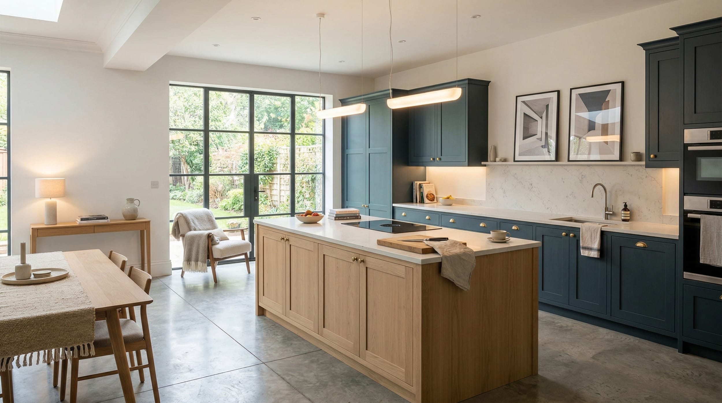Wide view of a newly completed bespoke Mastercraft kitchen, contemporary painted lay-on cabinetry in graphite tones