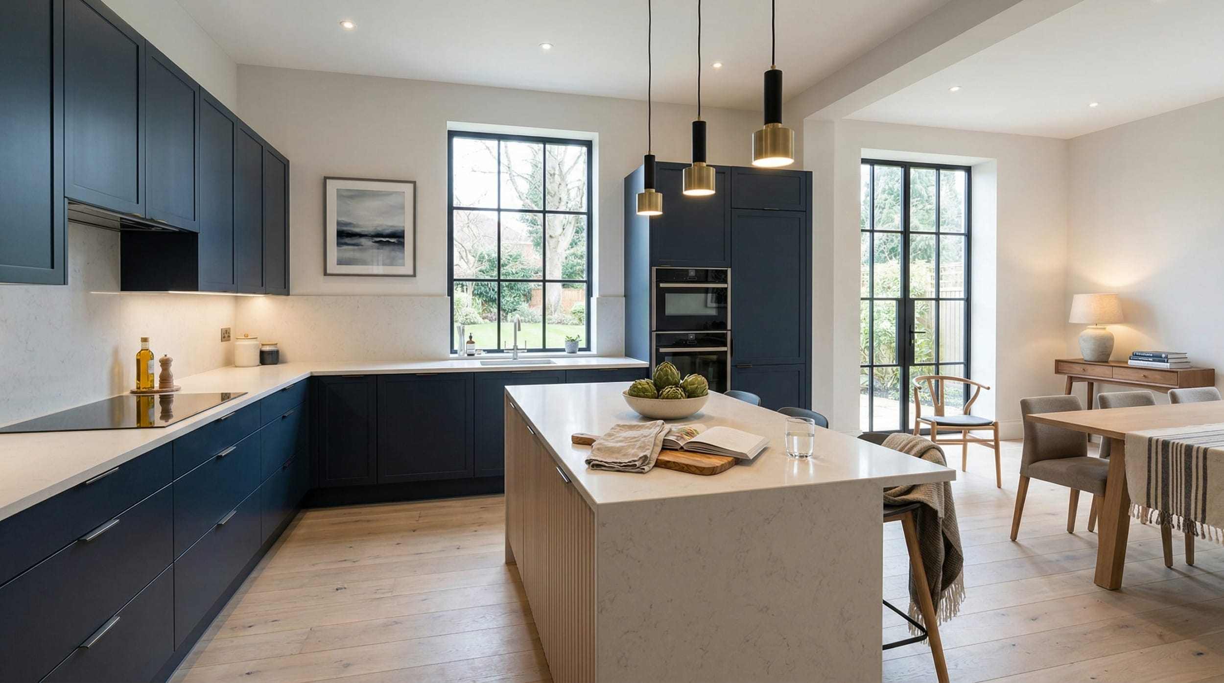 Wide view of a newly completed bespoke Mastercraft kitchen, contemporary in-frame cabinetry in pantry blue tones